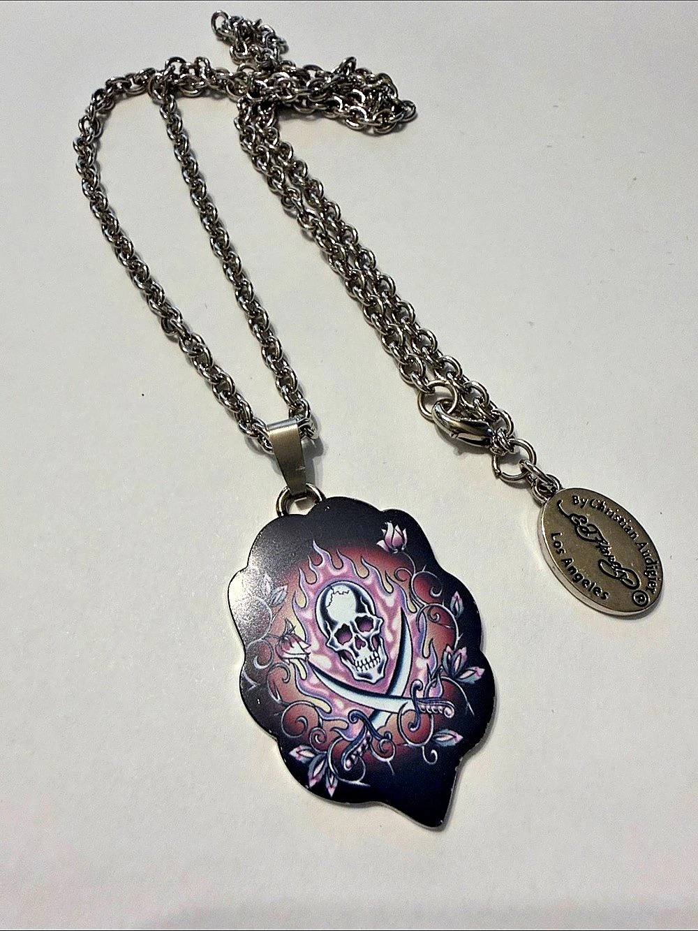 Ed Hardy Skull & Dagger Pendant Necklace Black & Silver
